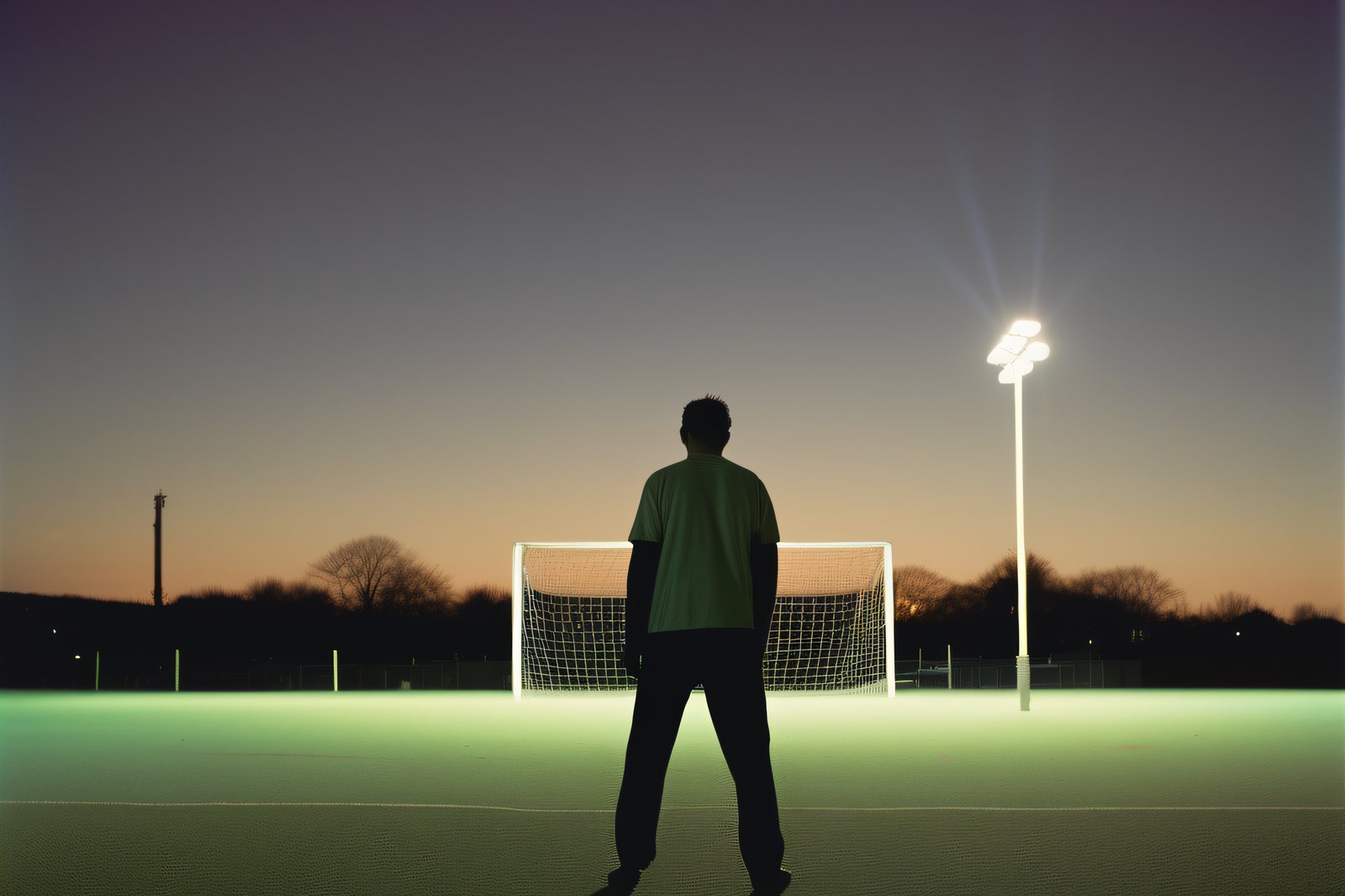 Dueño de un complejo de fútbol 5 parado solo en la cancha vacía al anochecer, con los reflectores recién encendidos